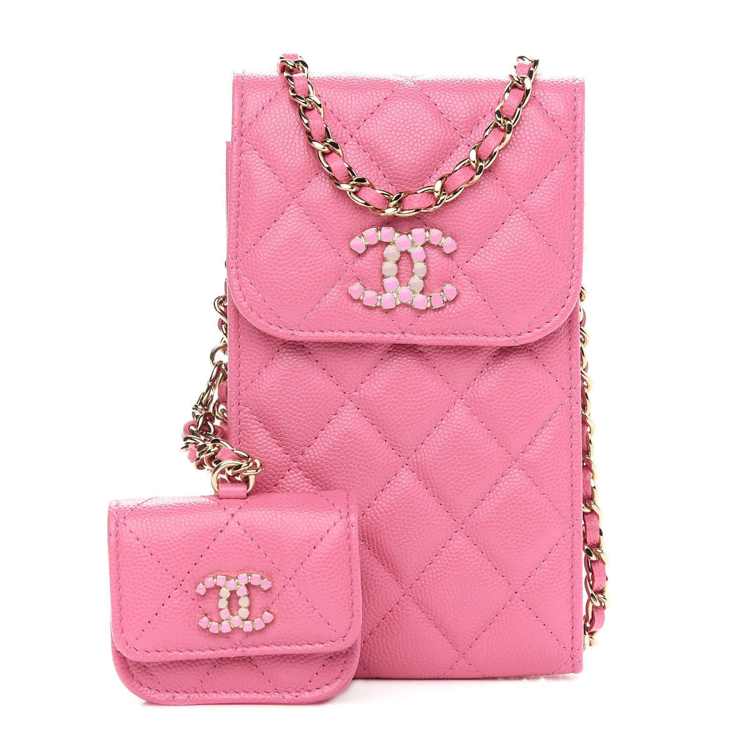 Chanel Caviar Quilted Crystal CC Airpods Pro and Phone Case With Chain Pink 1 of 9