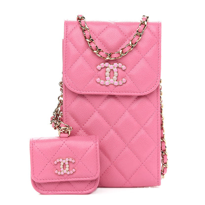 Chanel Caviar Quilted Crystal CC Airpods Pro and Phone Case With Chain Pink 1 of 9