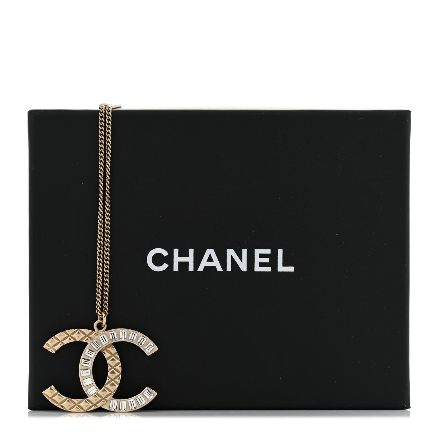 Baguette Crystal Quilted CC Pendant Necklace Gold