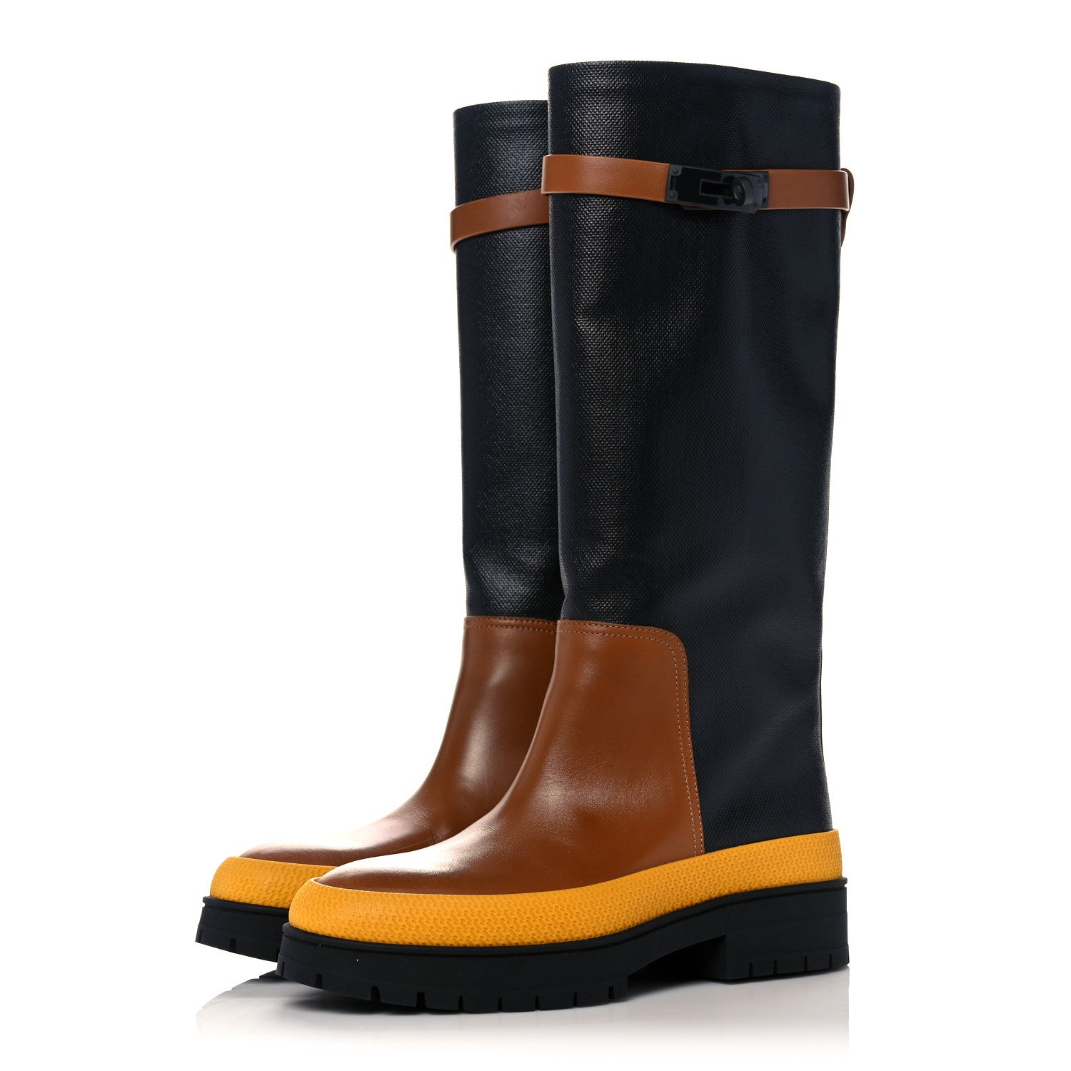 Hermes Toile De Coton Barn Boots 36 Black Marron Iroko 3 of 10