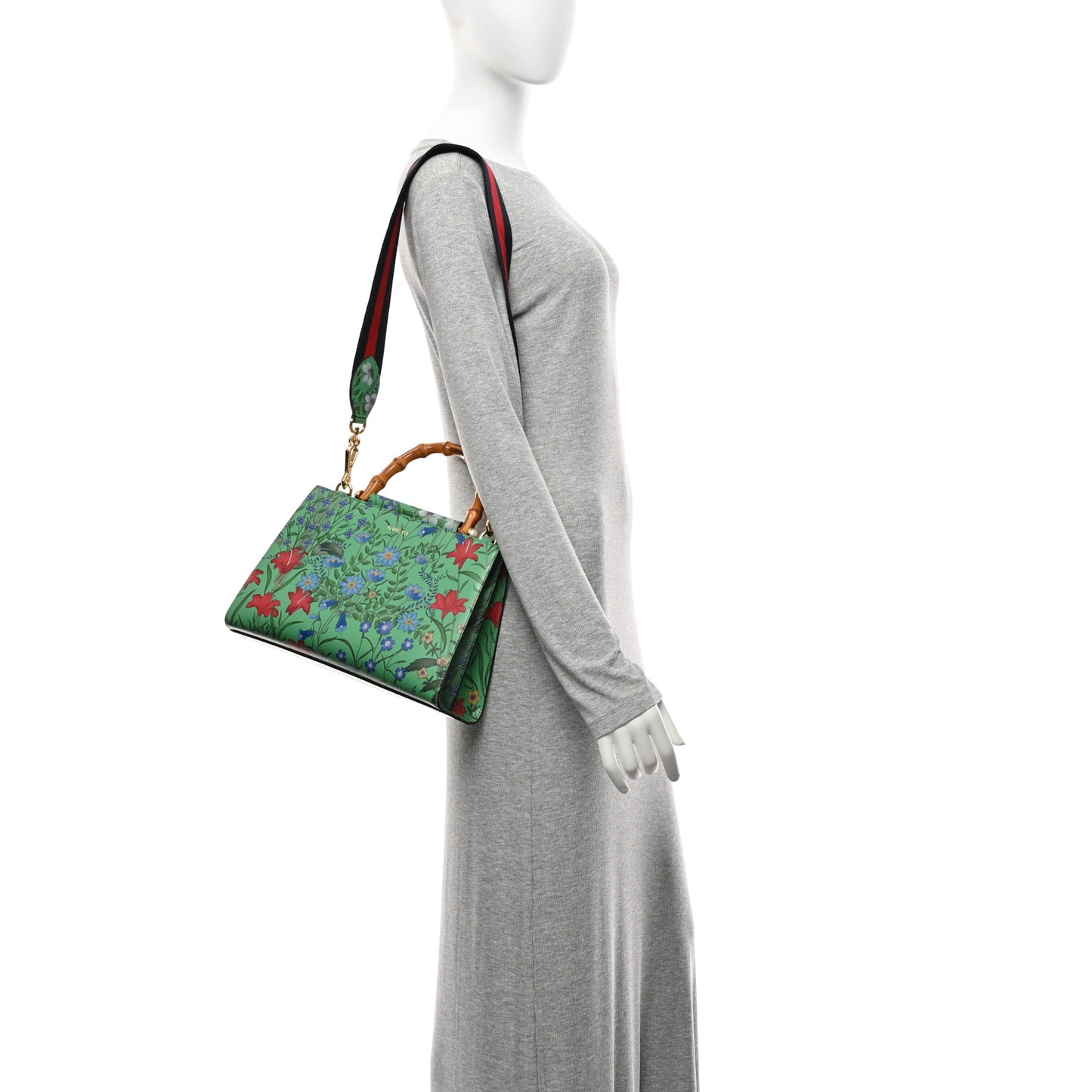 Calfskin Bamboo Web New Flora Small Nymphaea Top Handle Bag Green