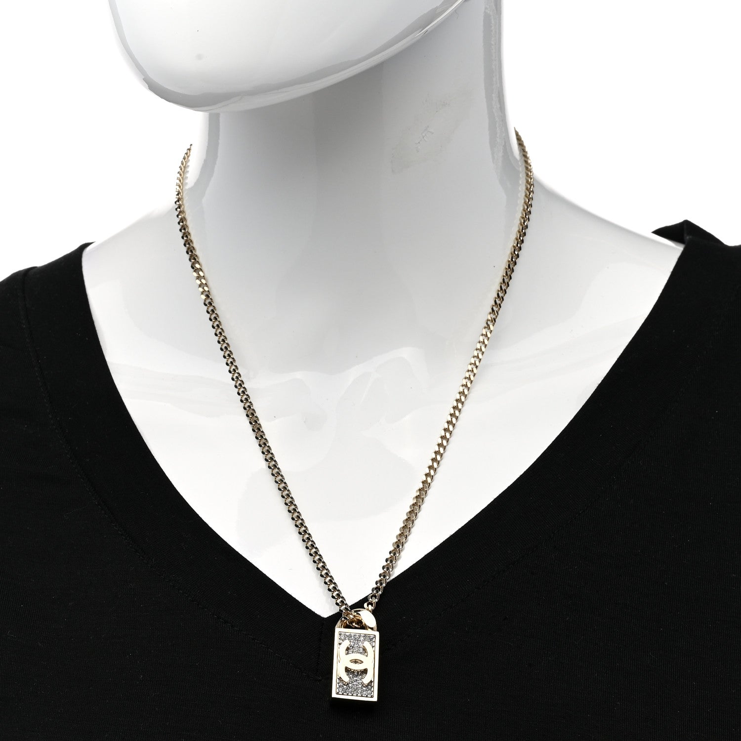 Chanel Crystal Dog Tag Charm Necklace Gold 2 of 6