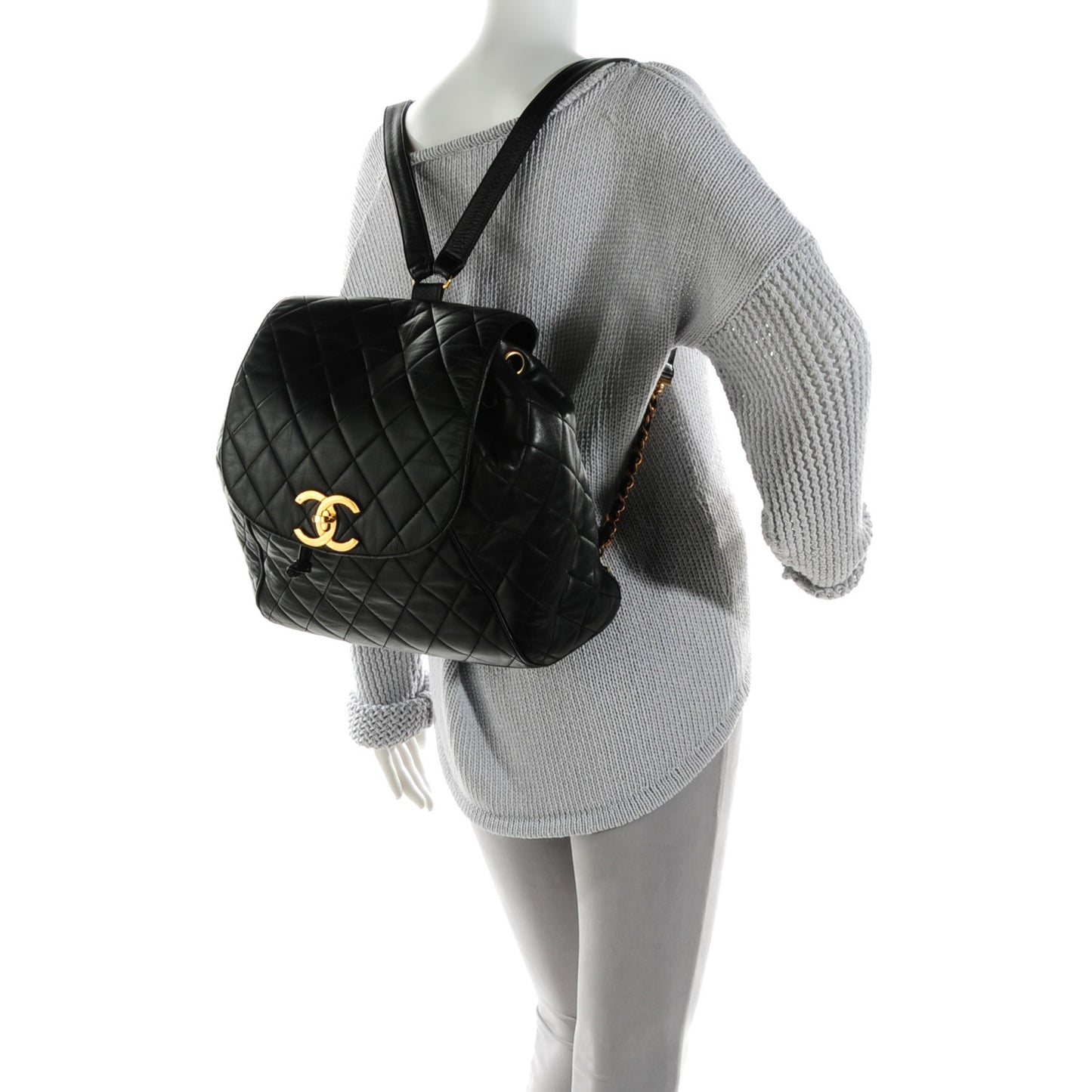 Lambskin Quilted Drawstring Backpack Black