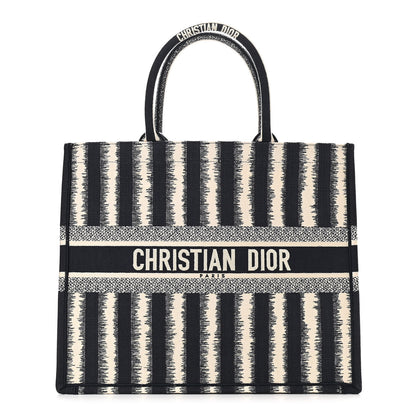 Christian Dior Canvas Embroidered Large Striped Book Tote Navy 1 of 10