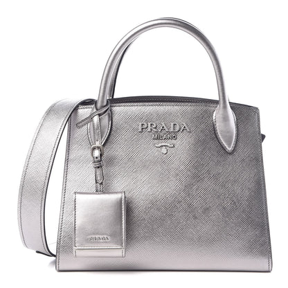 Prada Saffiano Cuir Calfskin Small Monochrome Top Handle Tote Cromo 1 of 7