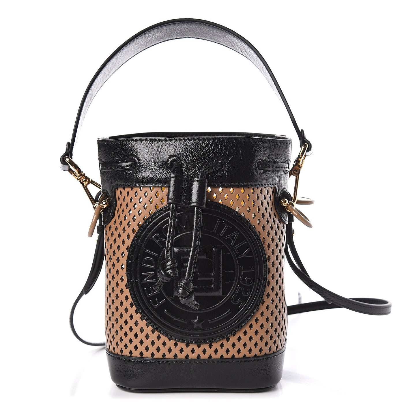 Vitello Liberty Glossy Lambskin F is Fendi Perforated Mini Mon Tresor Bucket Bag Sand Mimosa Black