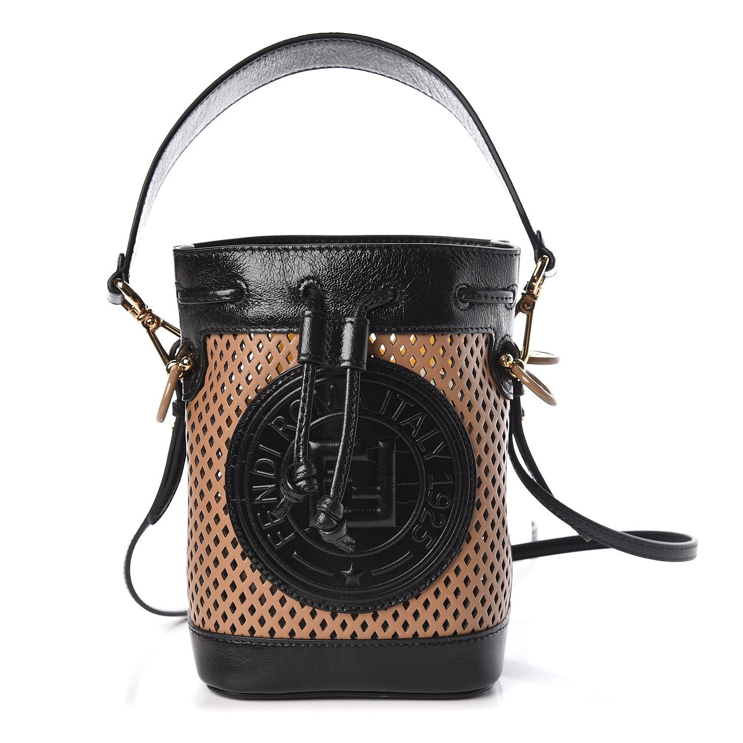 Fendi Vitello Liberty Glossy Lambskin F is Fendi Perforated Mini Mon Tresor Bucket Bag Sand Mimosa Black 1 of 9