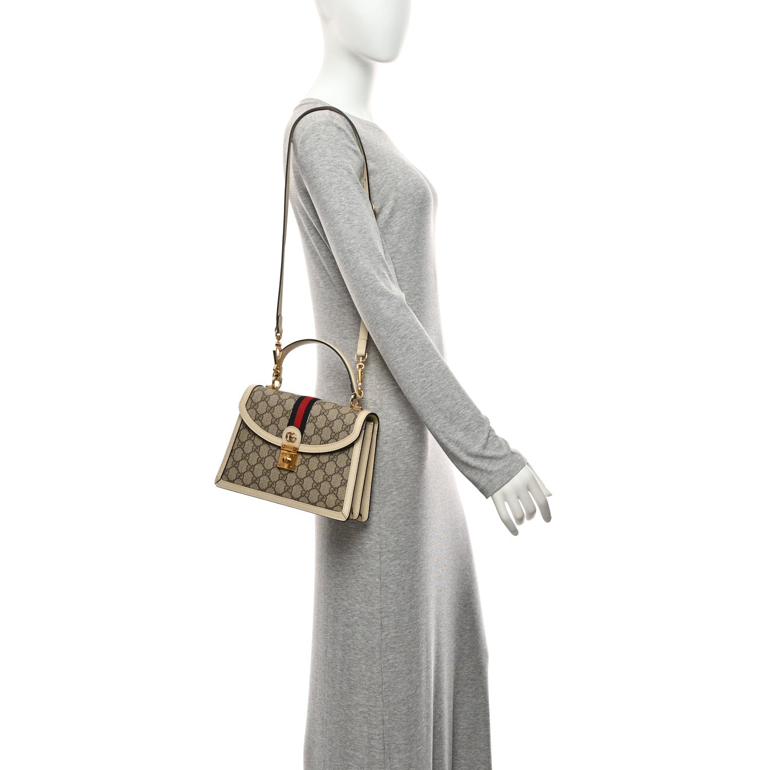 Gucci GG Supreme Monogram Textured Dollar Calfskin Web Small Ophidia Padlock Top Handle Bag Beige Ebony Mystic White 2 of 11