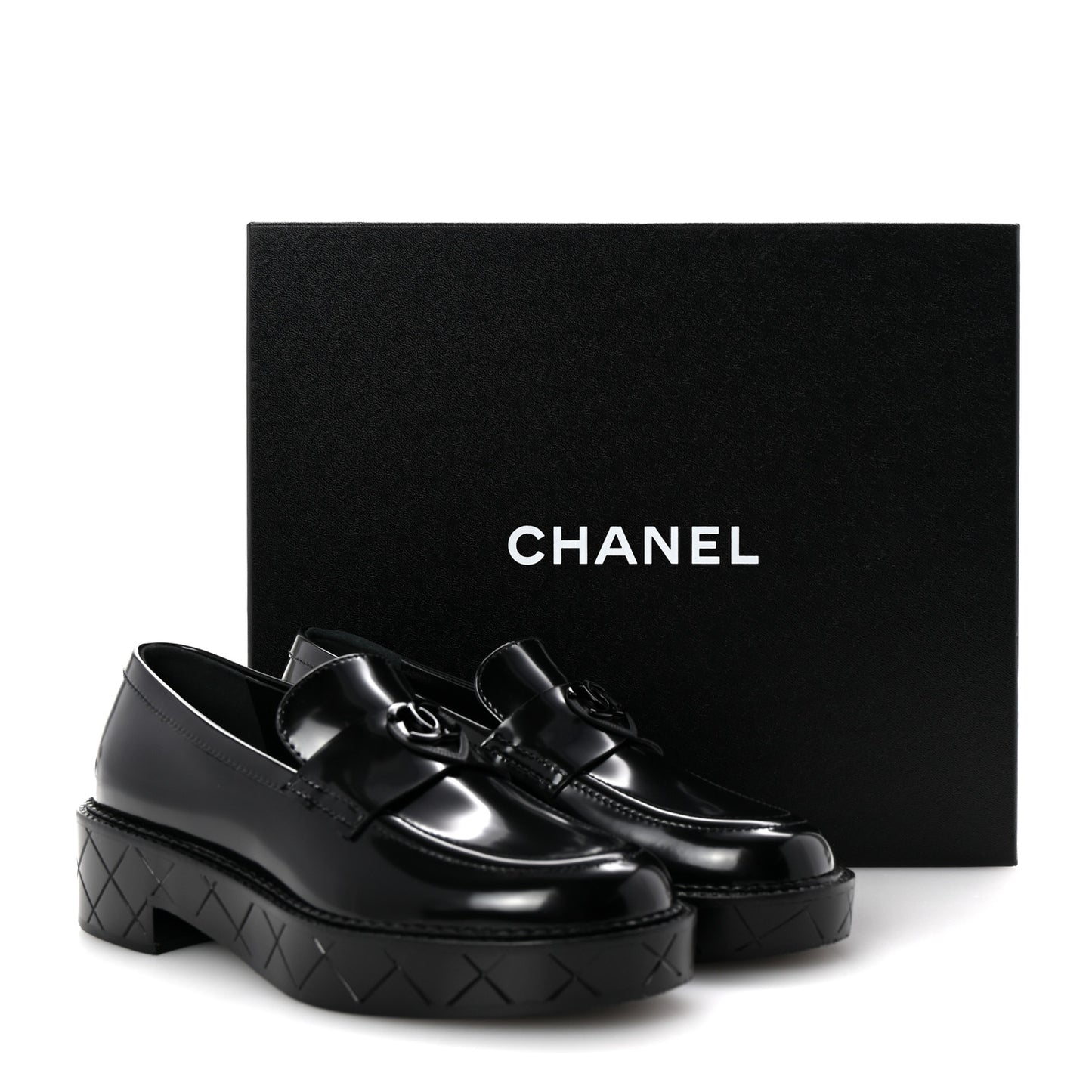 Shiny Calfskin Quilted CC Mocassin Loafers 35 Black