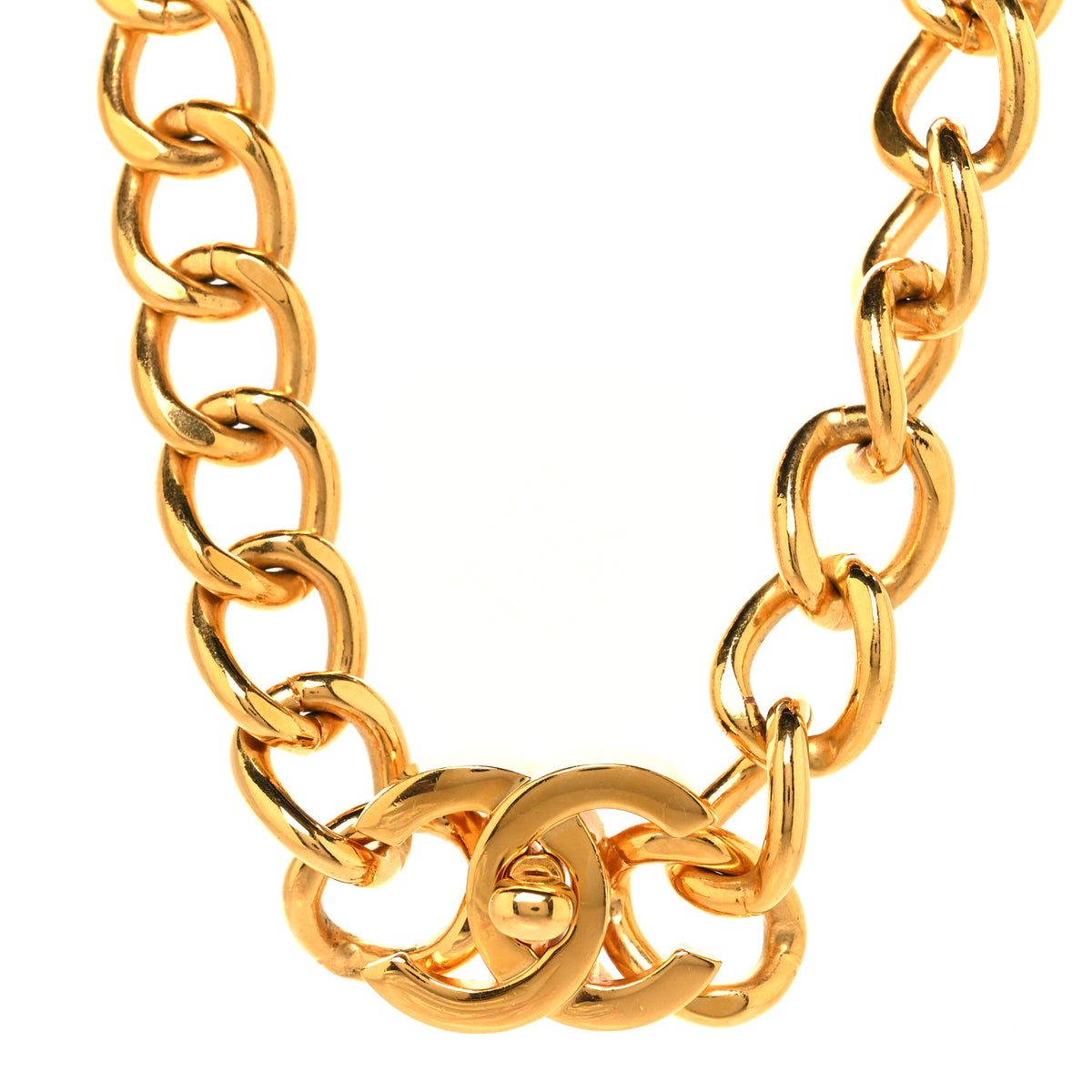 Chain Link CC Turn Lock Choker Necklace Gold