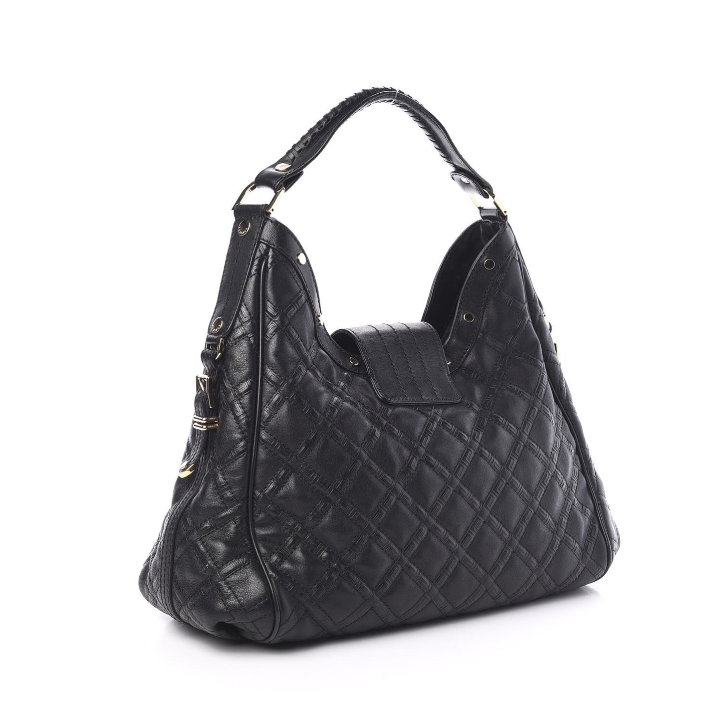 Calfskin Greca Argyle Embossed Medusa Hobo Black