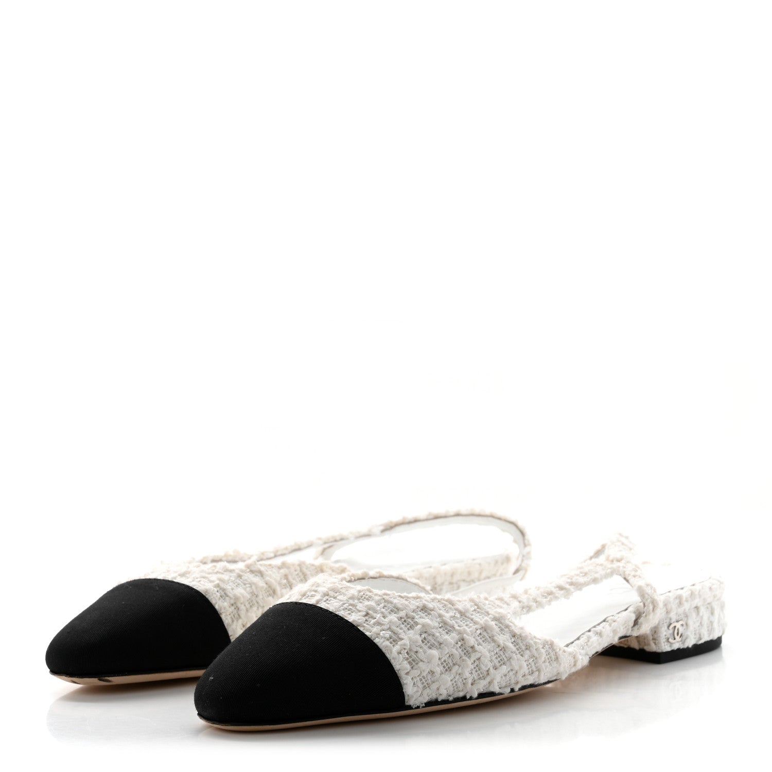 Chanel Tweed Grosgrain Toe CC Slingback Flat 37 White Black 3 of 9