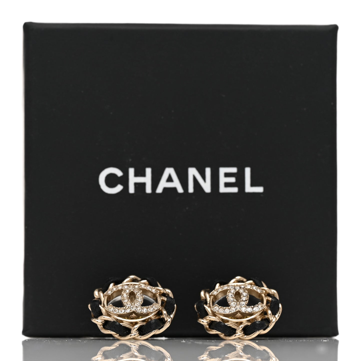Crystal Lambskin Chain CC Stud Earrings Black Gold