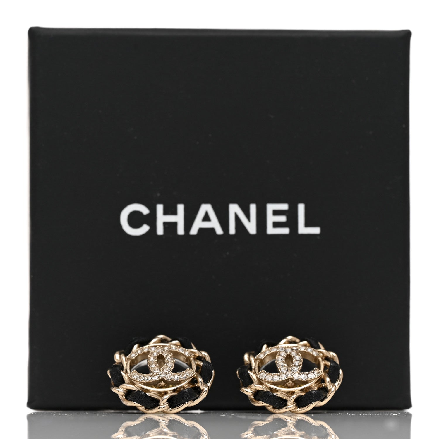 Chanel Crystal Lambskin Chain CC Stud Earrings Black Gold 5 of 5