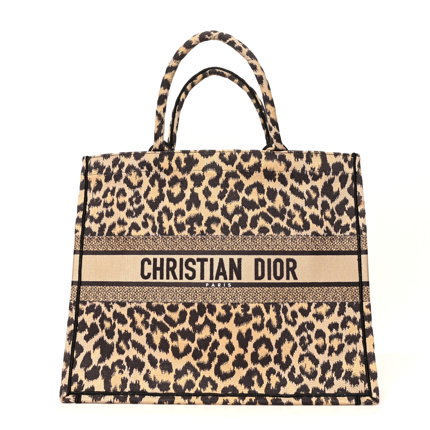 Canvas Mizza Embroidered Large Leopard Book Tote Beige
