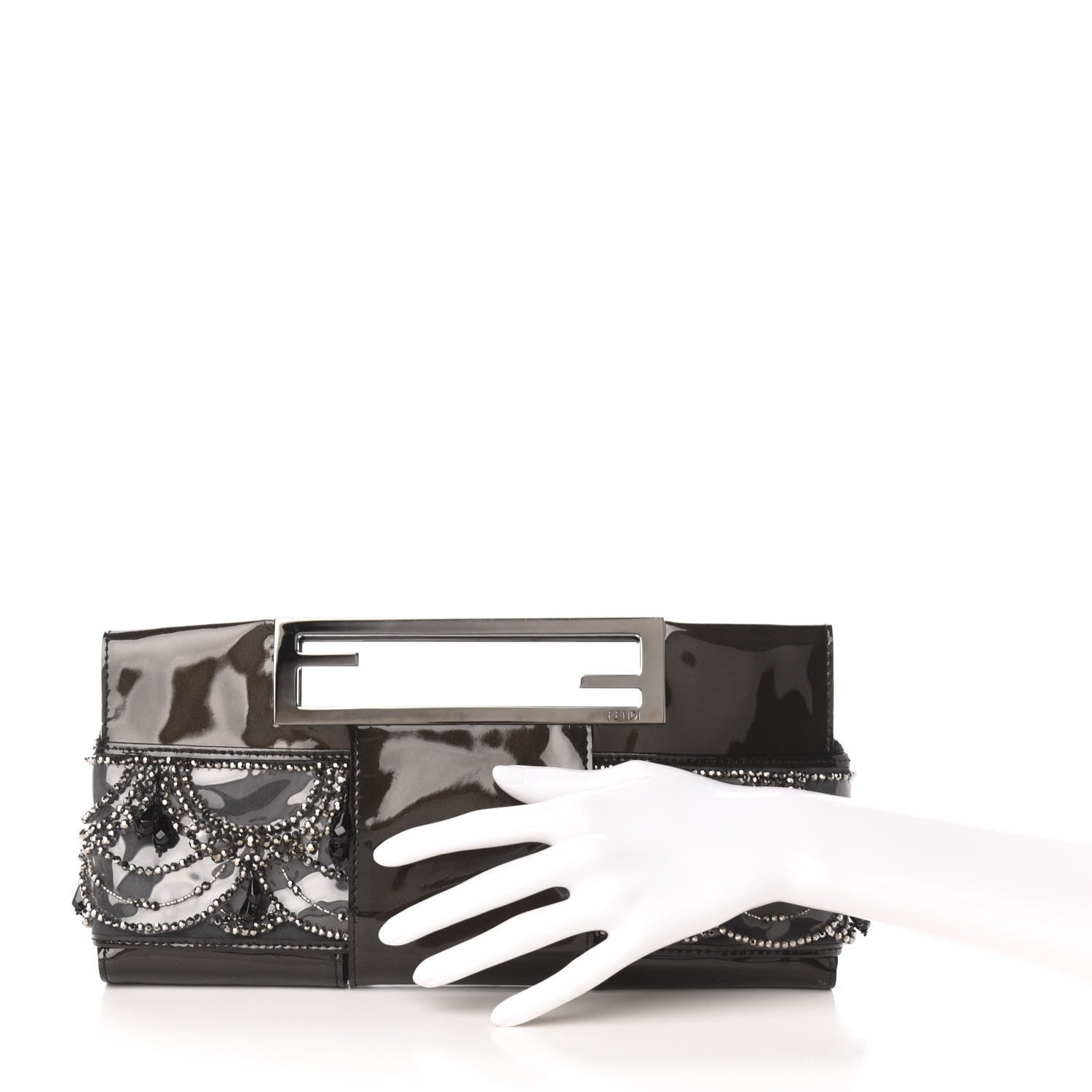 Fendi Patent Embellished Cutout Baguette Clutch Black 2 of 9