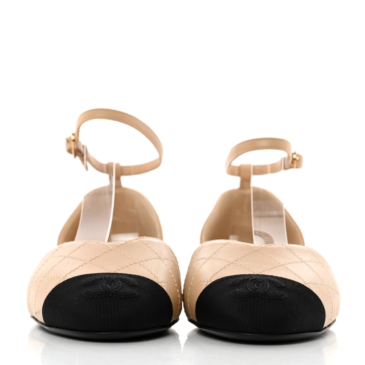 Lambskin Grosgrain Cap Toe CC Ankle Strap Sandals 36 Beige Black