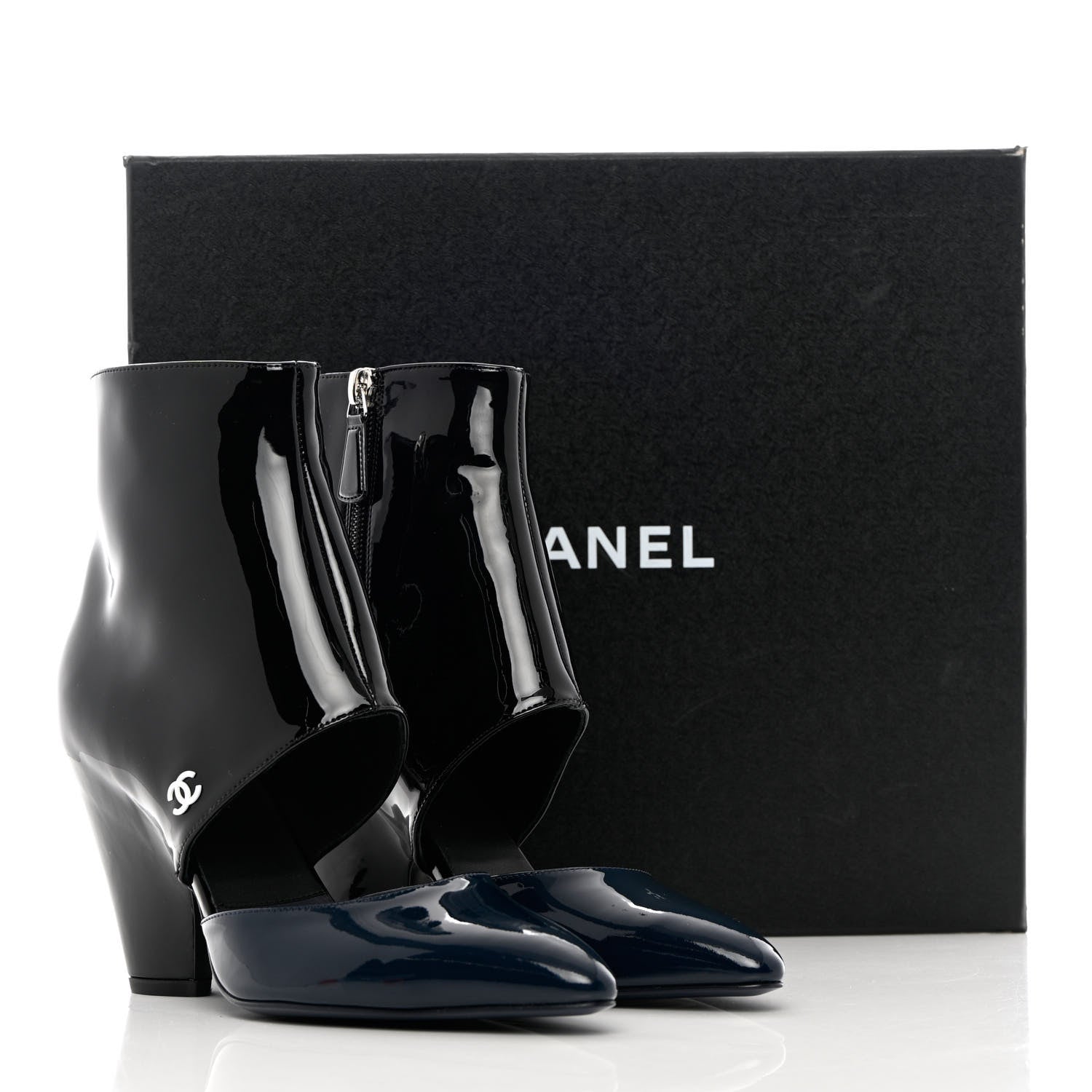 Chanel Patent Calfskin Short Ankle Boots 37.5 Black Navy Blue 8 of 8