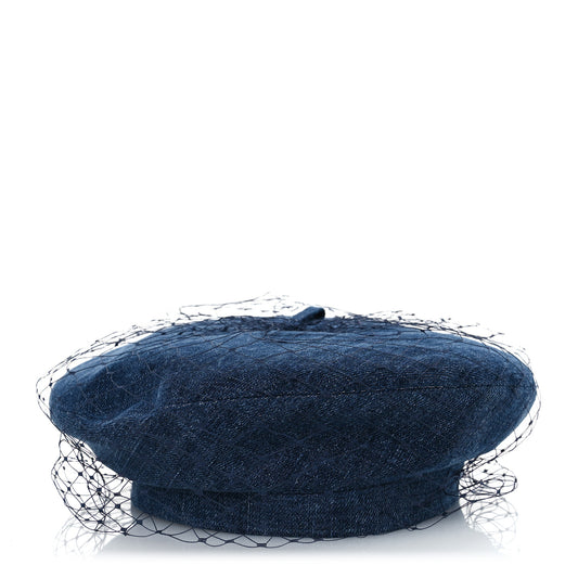 Cotton Denim Arty Beret Cap With Veil 57 Blue