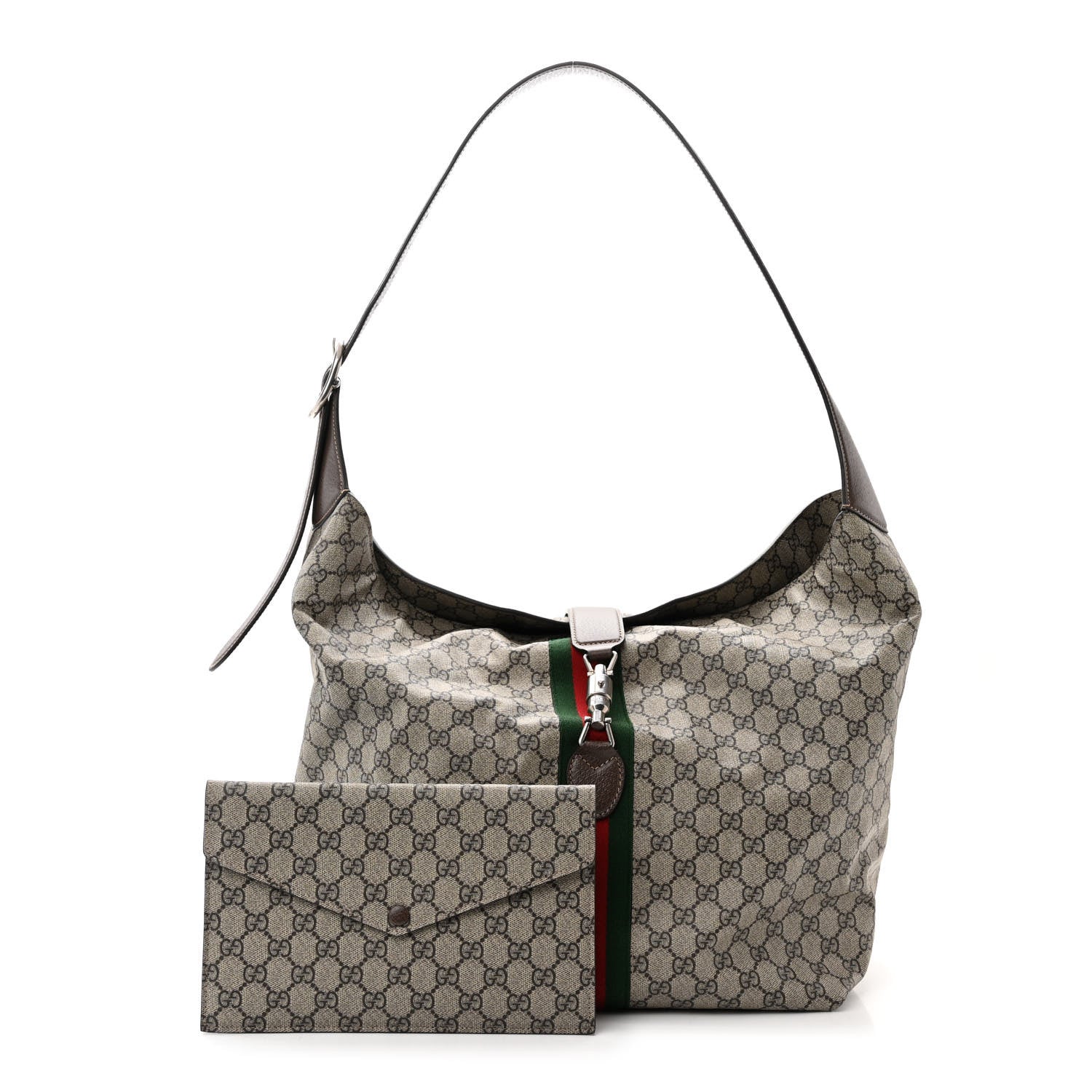 Gucci Tender GG Supreme Monogram Textured Dollar Calfskin Web Medium Jackie 1961 Crossbody Bag Beige Ebony New Acero 2 of 11