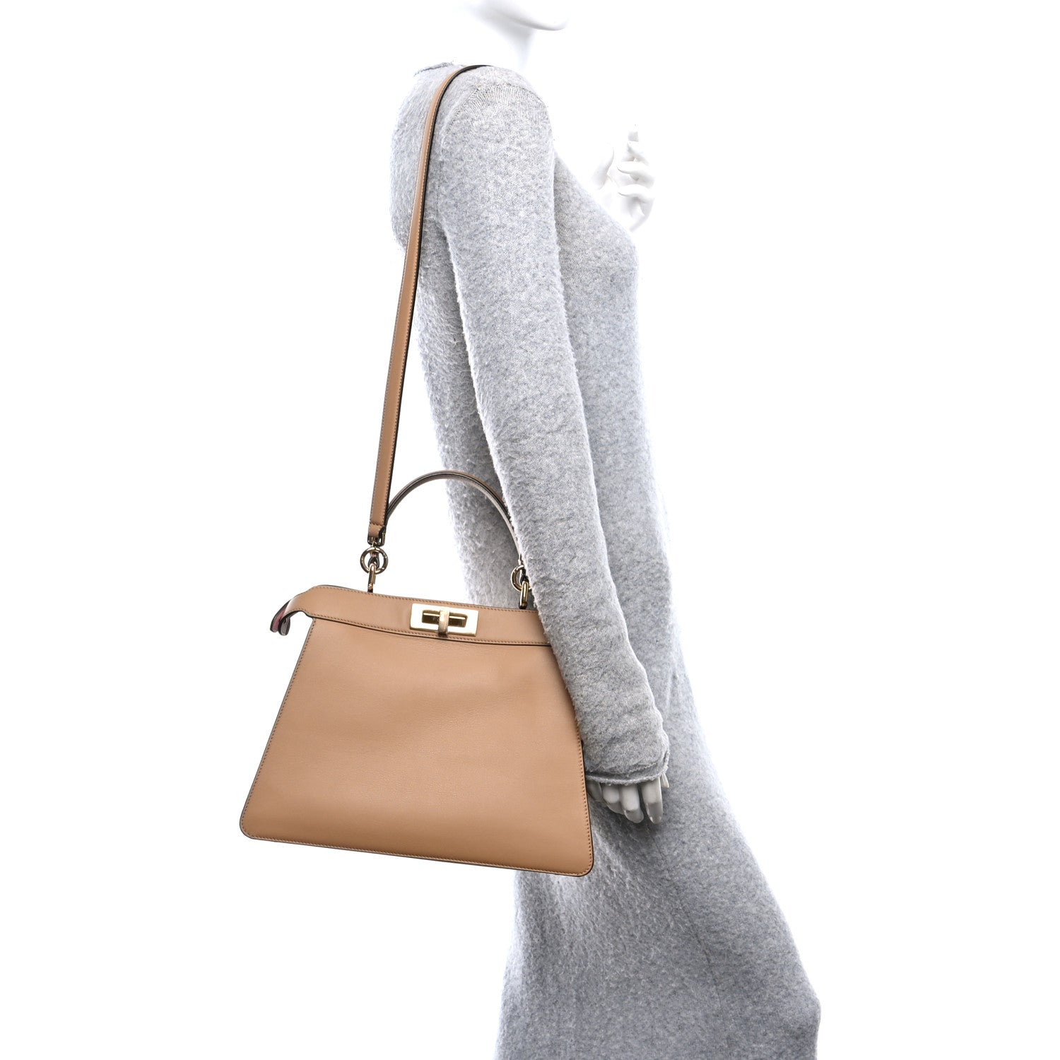 Fendi Vitello Seta Nappa FF Striped Embossed Medium Peekaboo I SEE U Satchel Miele Scuro Multicolor 2 of 12