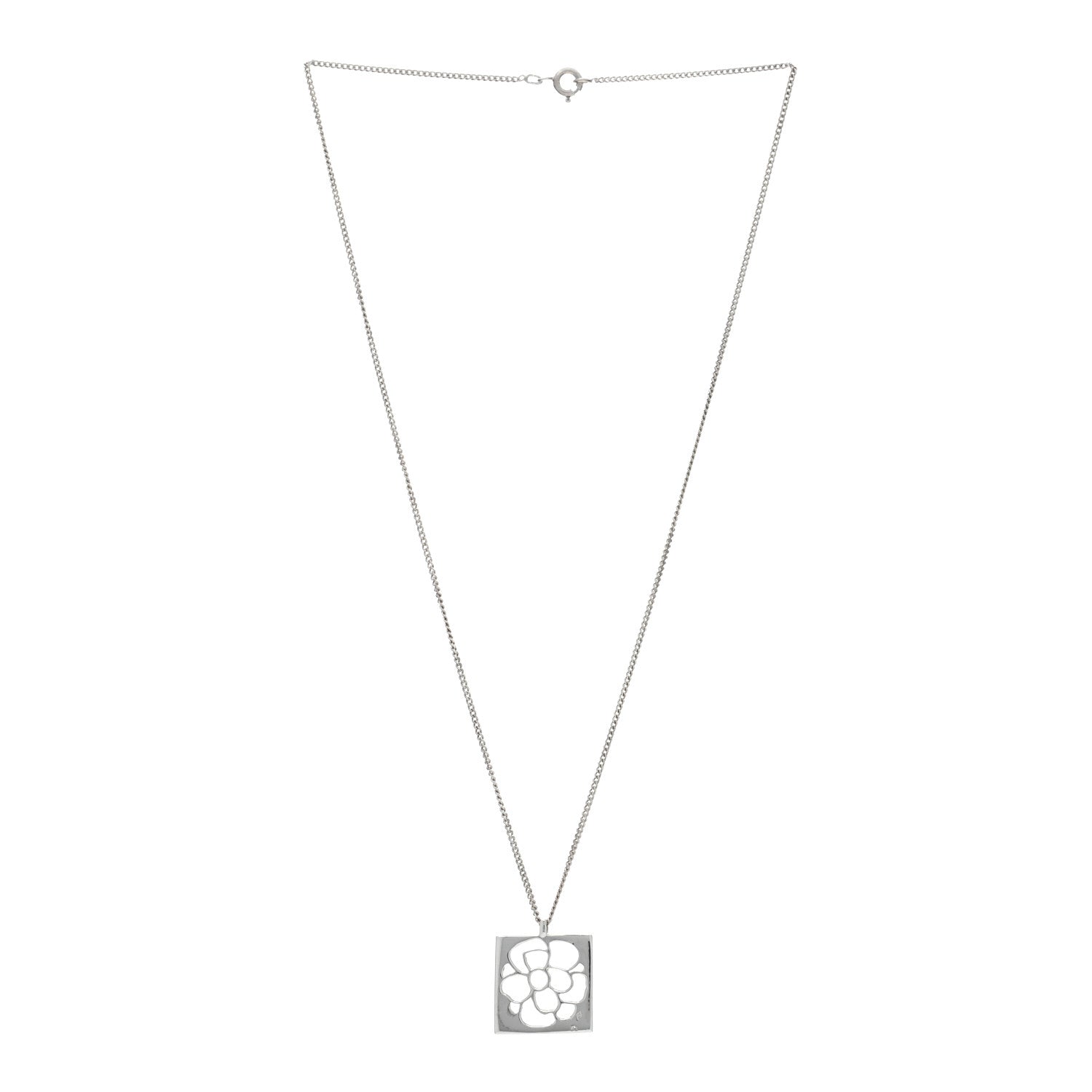 Chanel Sterling Silver Camellia Square Pendant Necklace 3 of 5