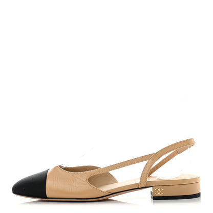 Chanel Lambskin Grosgrain Cap Toe CC Slingback Sandals 36 Beige Black 1 of 13
