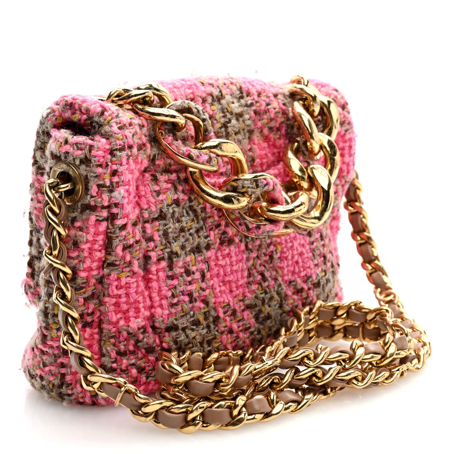 Wool Tweed Quilted Small Elegant Chain Flap Pink Brown