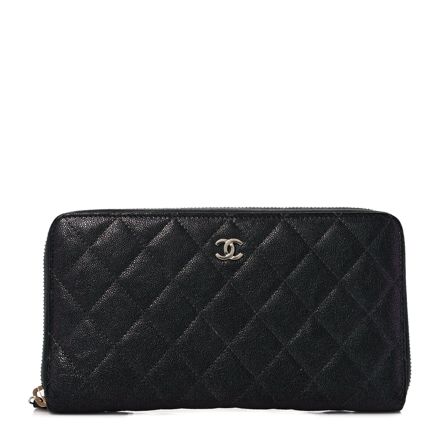 Iridescent Caviar Quilted Large Zip Around Organizer Wallet Black