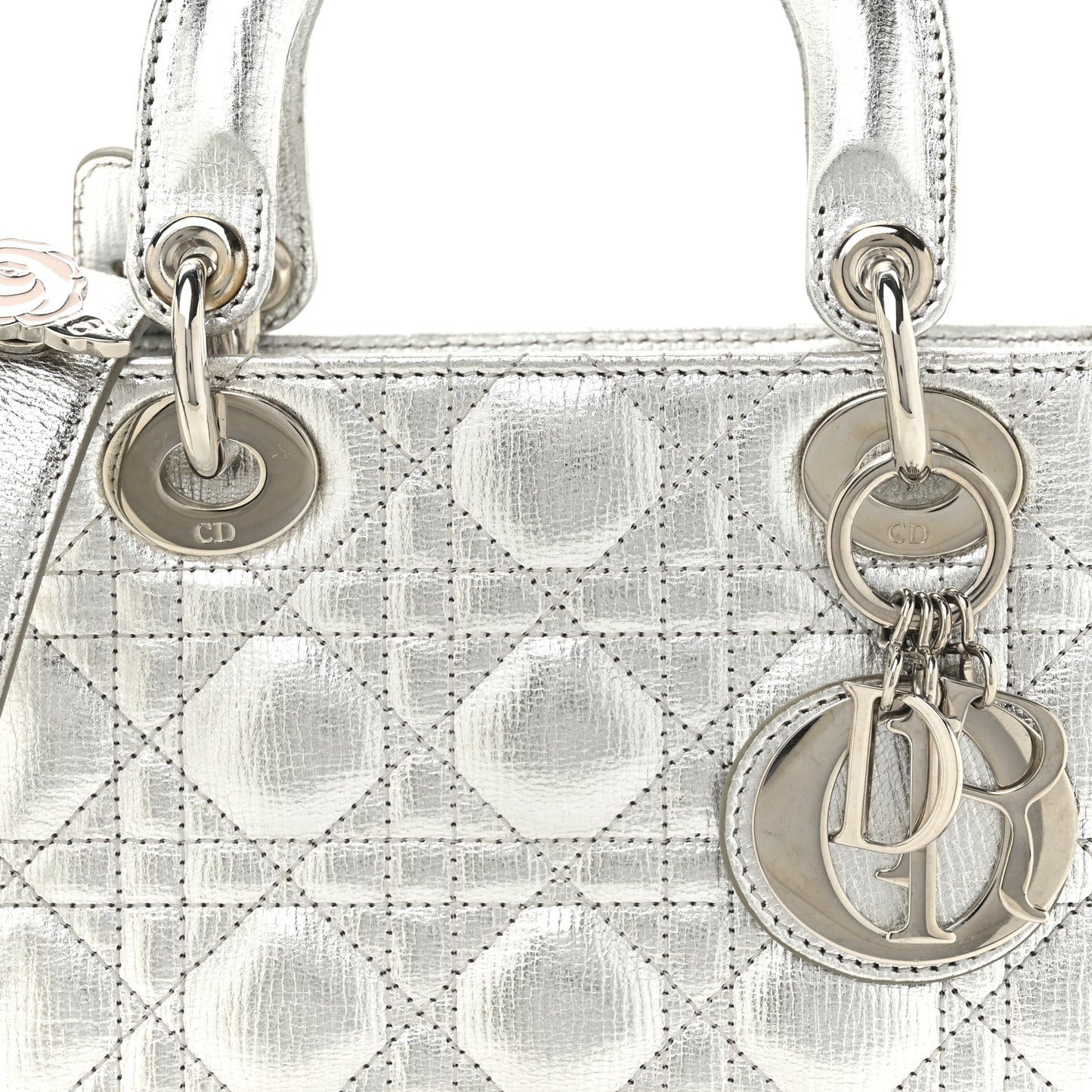 Metallic Grained Calfskin Cannage Small Lucky Badges My Lady Dior Silver