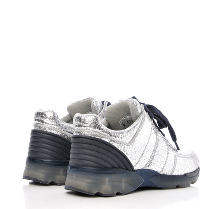 Chanel Metallic Crackled Calfskin CC Sneakers 37 Silver Black Navy 4 of 10