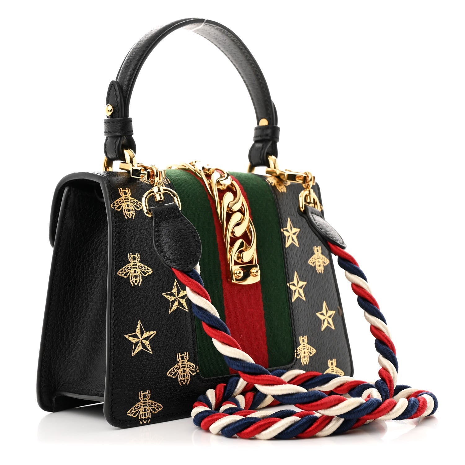 Gucci Textured Calfskin Bee Star Print Mini Sylvie Top Handle Bag Black 3 of 11