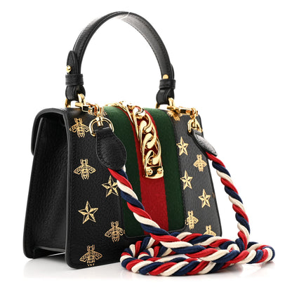 Gucci Textured Calfskin Bee Star Print Mini Sylvie Top Handle Bag Black 3 of 11