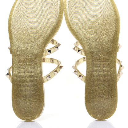 Valentino Garavani PVC Jelly Glitter Rockstud Caged Flat Thong Sandals 36 Oro 10 of 12
