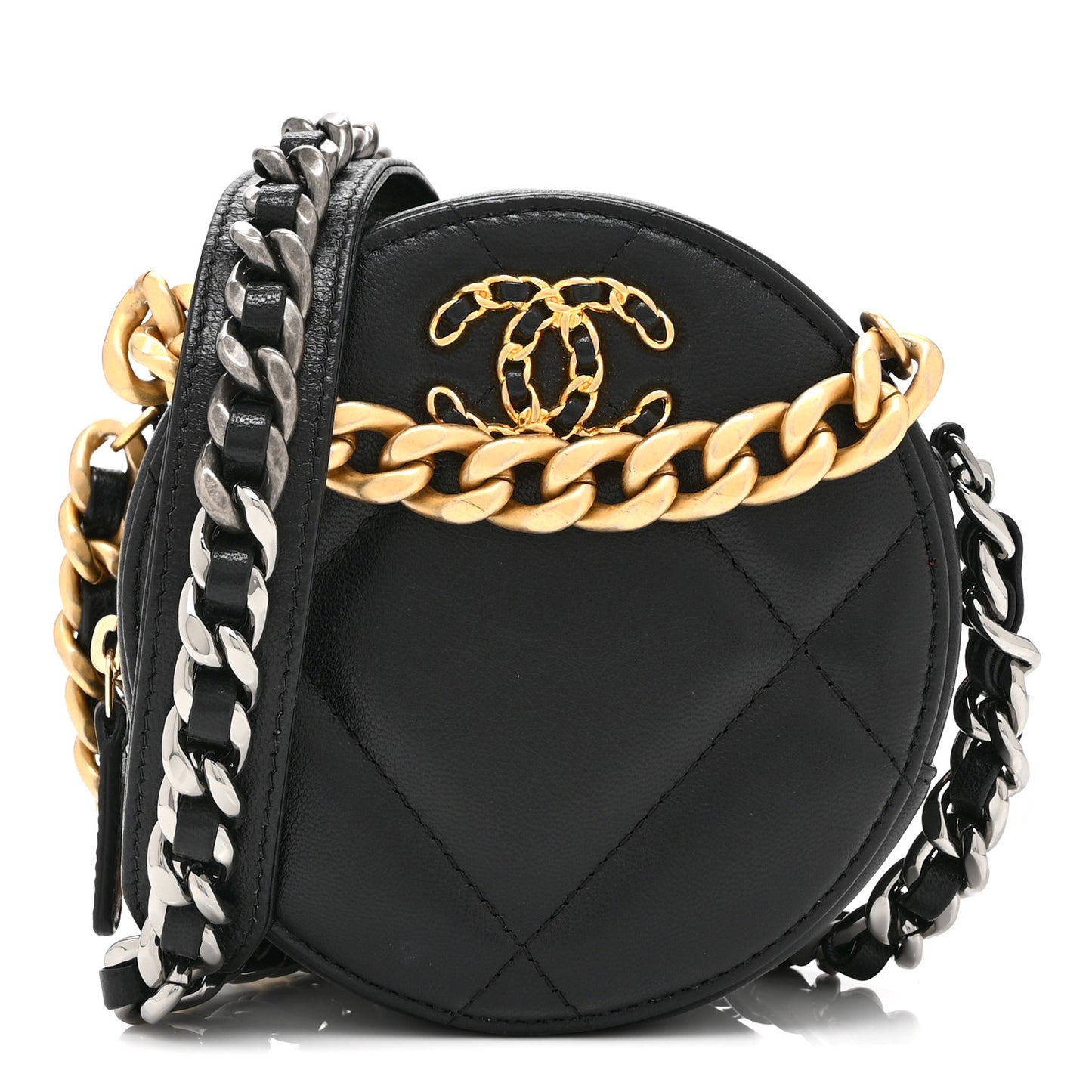 Shiny Goatskin Quilted Chanel 19 Round Clutch With Chain Black