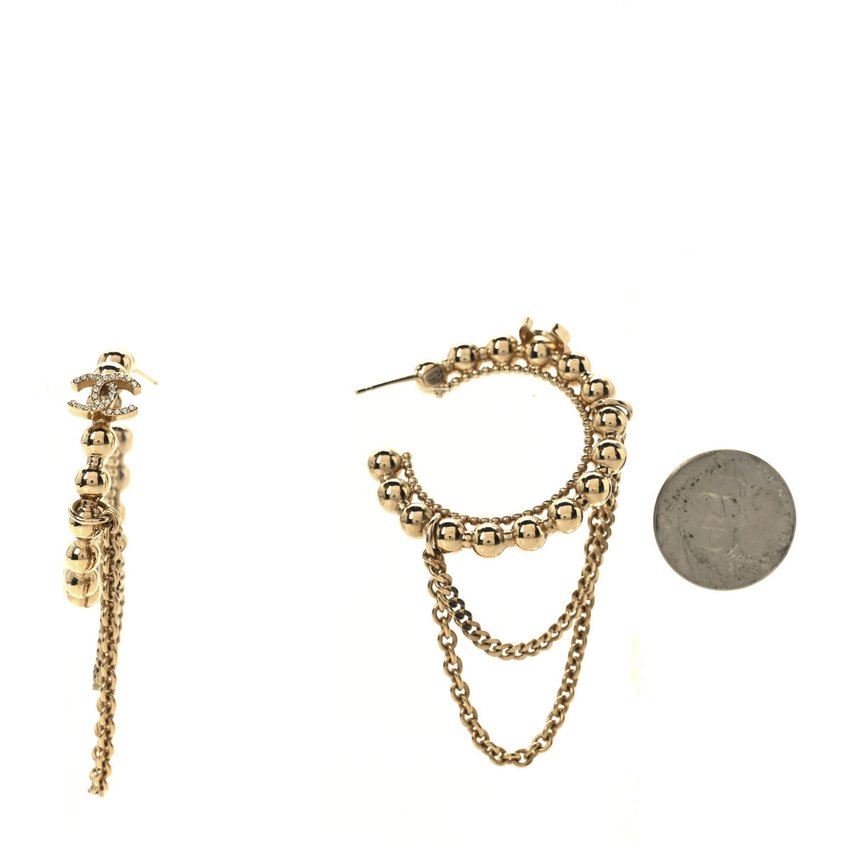 Chanel Metal Crystal Bead Chain CC Hoop Earrings Gold 2 of 4
