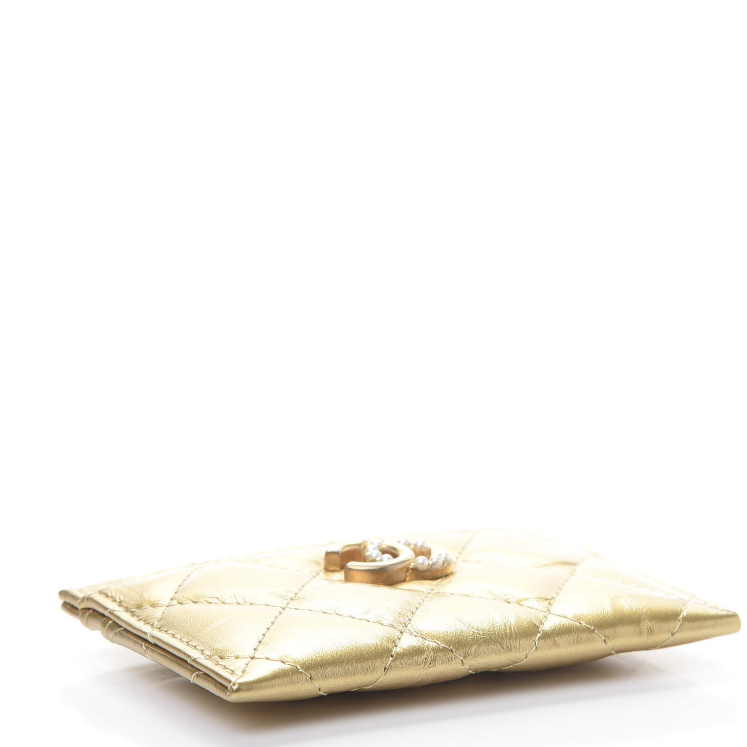 Chanel Aged Metallic Calfskin Pearl CC Quilted Card Holder Gold 6 of 11