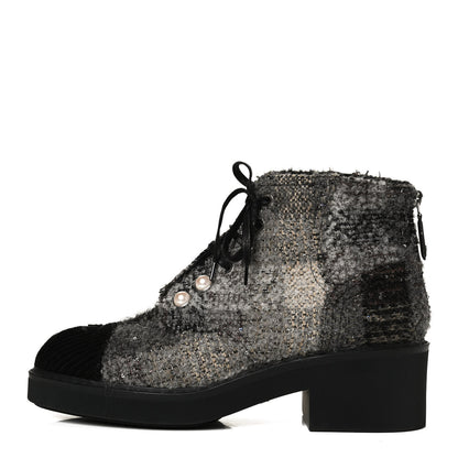Chanel Tweed Calfskin Pearl Combat Short Boots 41.5 Multicolor 1 of 12