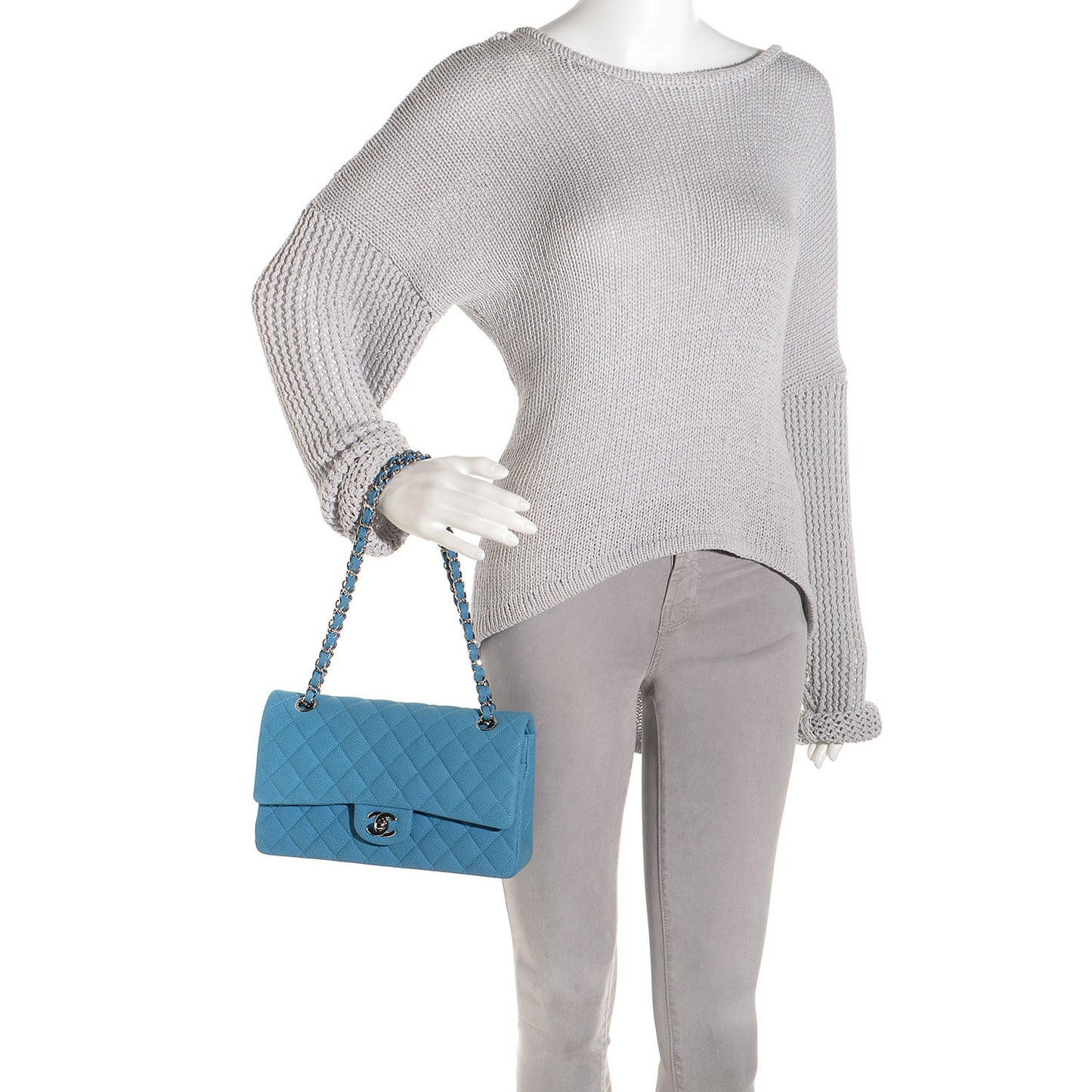 Iridescent Caviar Quilted Medium Double Flap Blue