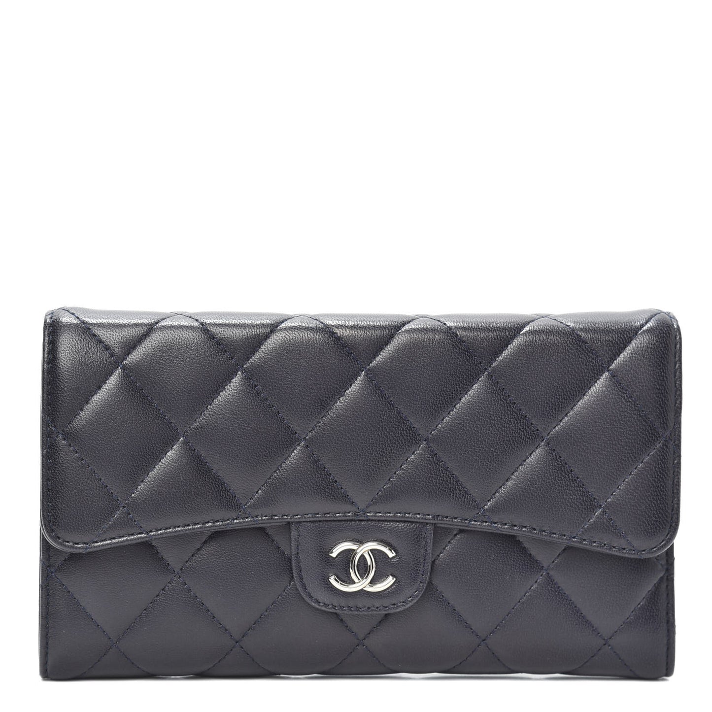 Lambskin Quilted Large Flap Wallet Navy