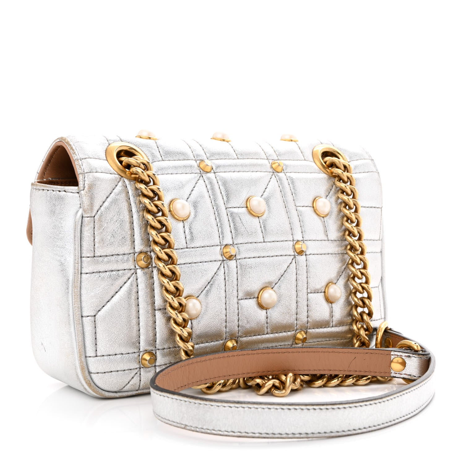 Gucci Metallic Calfskin Matelasse Studded Mini Pearly GG Marmont Shoulder Bag Silver 3 of 10