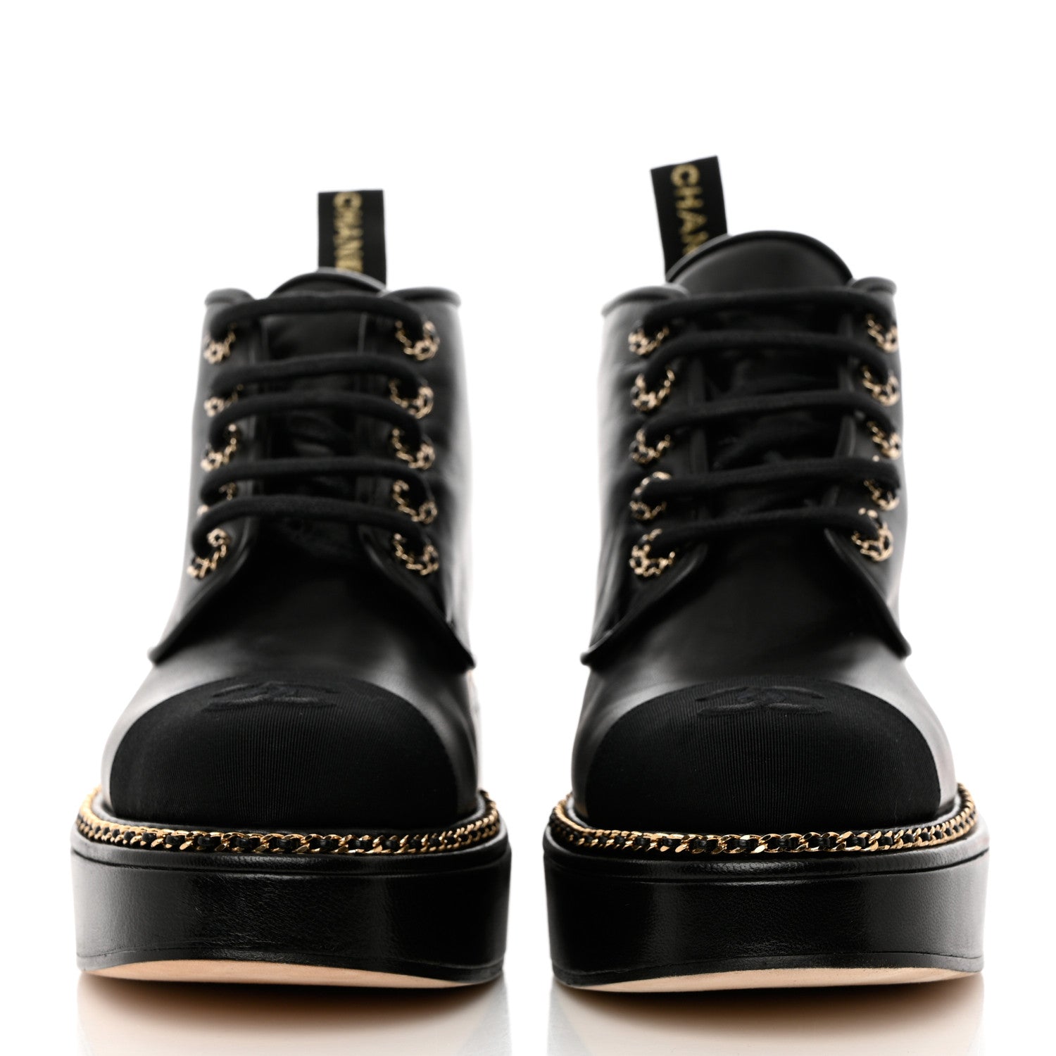 Chanel Calfskin Grosgrain Chain Lace Up CC Short Boots 38 Black 2 of 11
