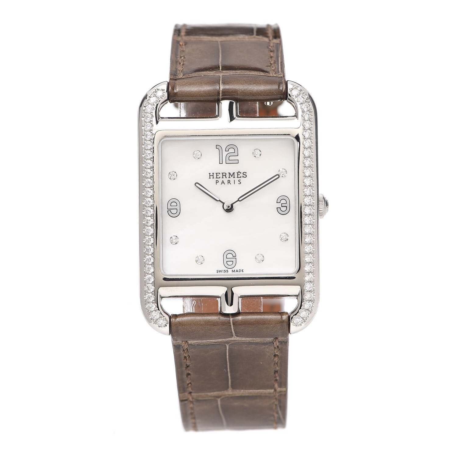 Hermes Stainless Steel Alligator Diamond Bezel Mother of Pearl 29mm Cape Cod Quartz Watch Etoupe 1 of 5