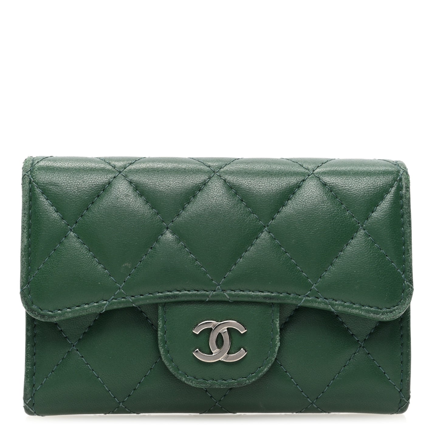 Lambskin Quilted Flap Card Holder Wallet Green