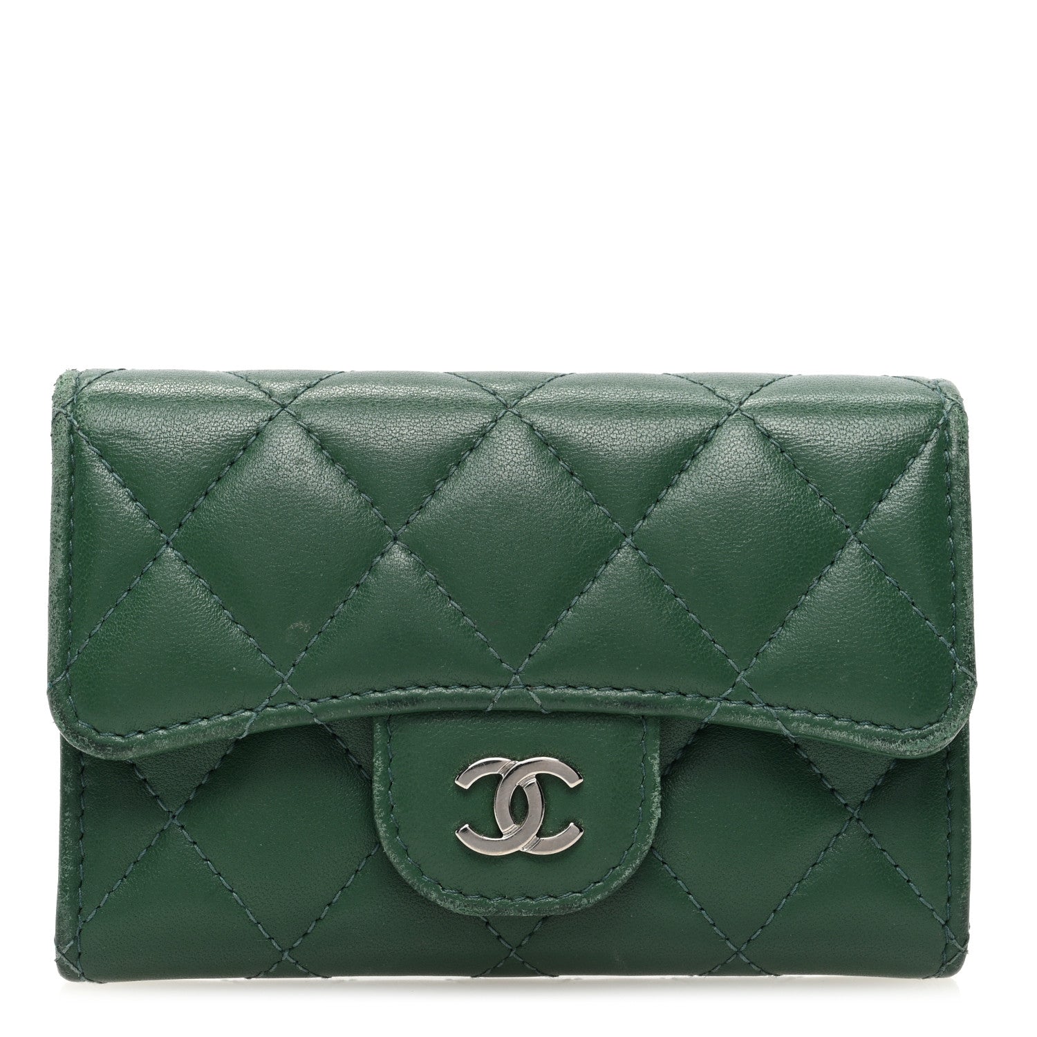 Chanel Lambskin Quilted Flap Card Holder Wallet Green 1 of 11