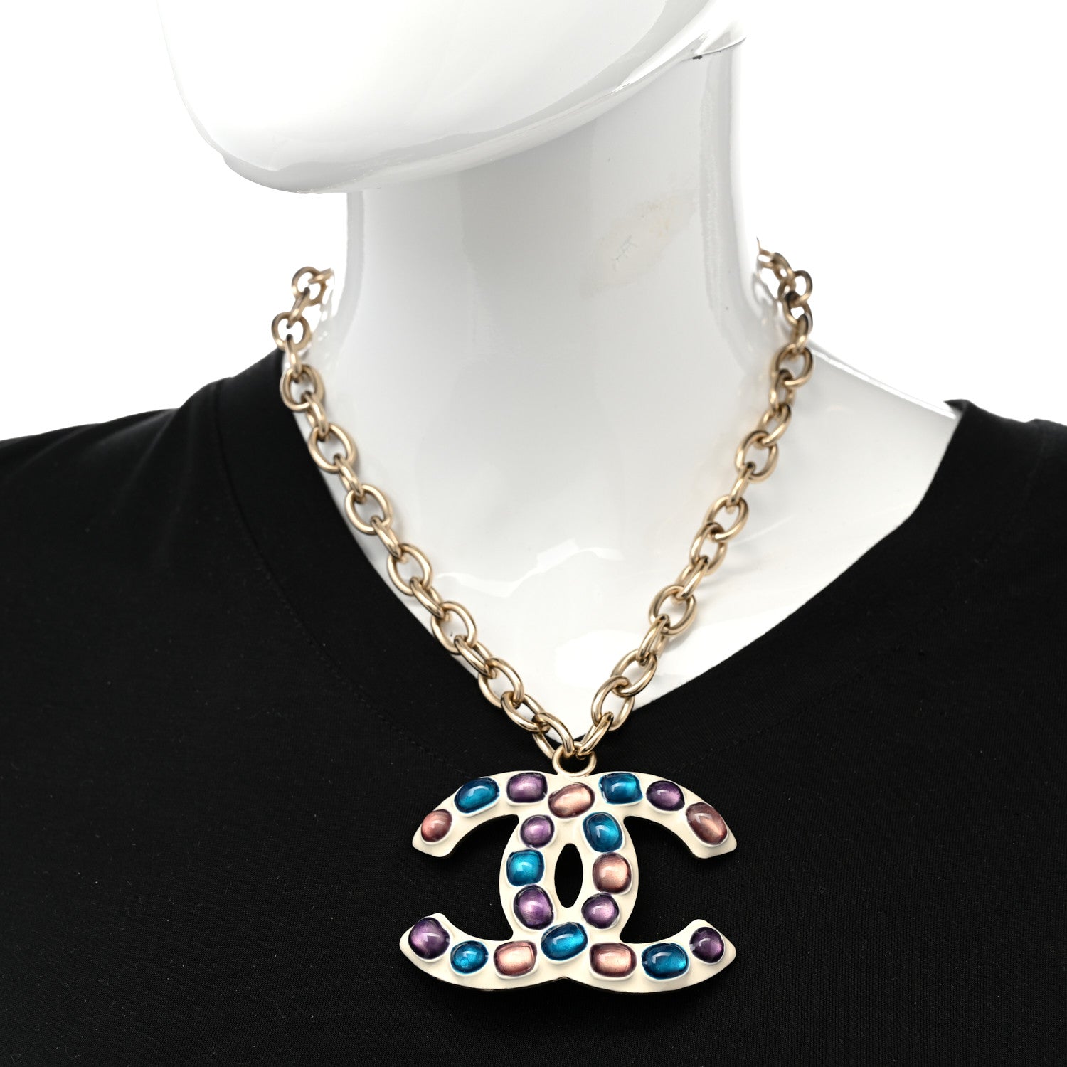 Chanel Poured Glass Large CC Pendant Necklace Gold Multicolor 2 of 6