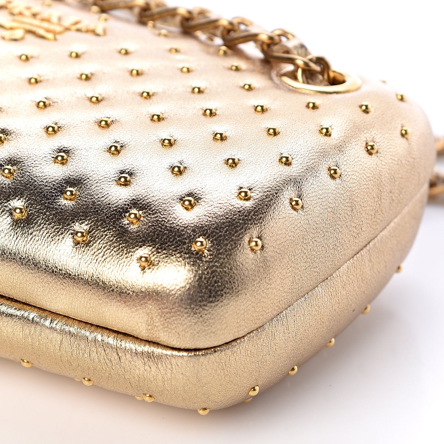 Metallic Nappa Studded Chain Clutch Platino