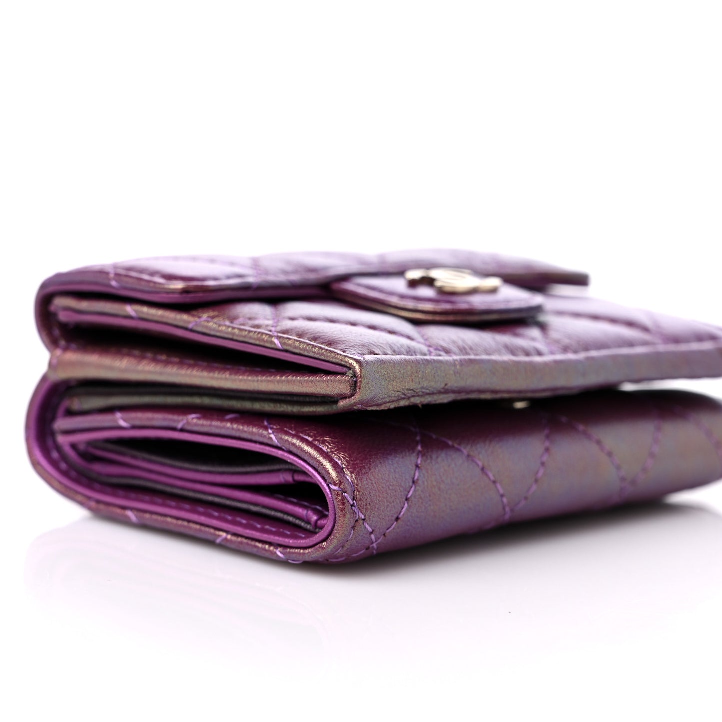 Iridescent Lambskin Small Quilted Flap Wallet Purple