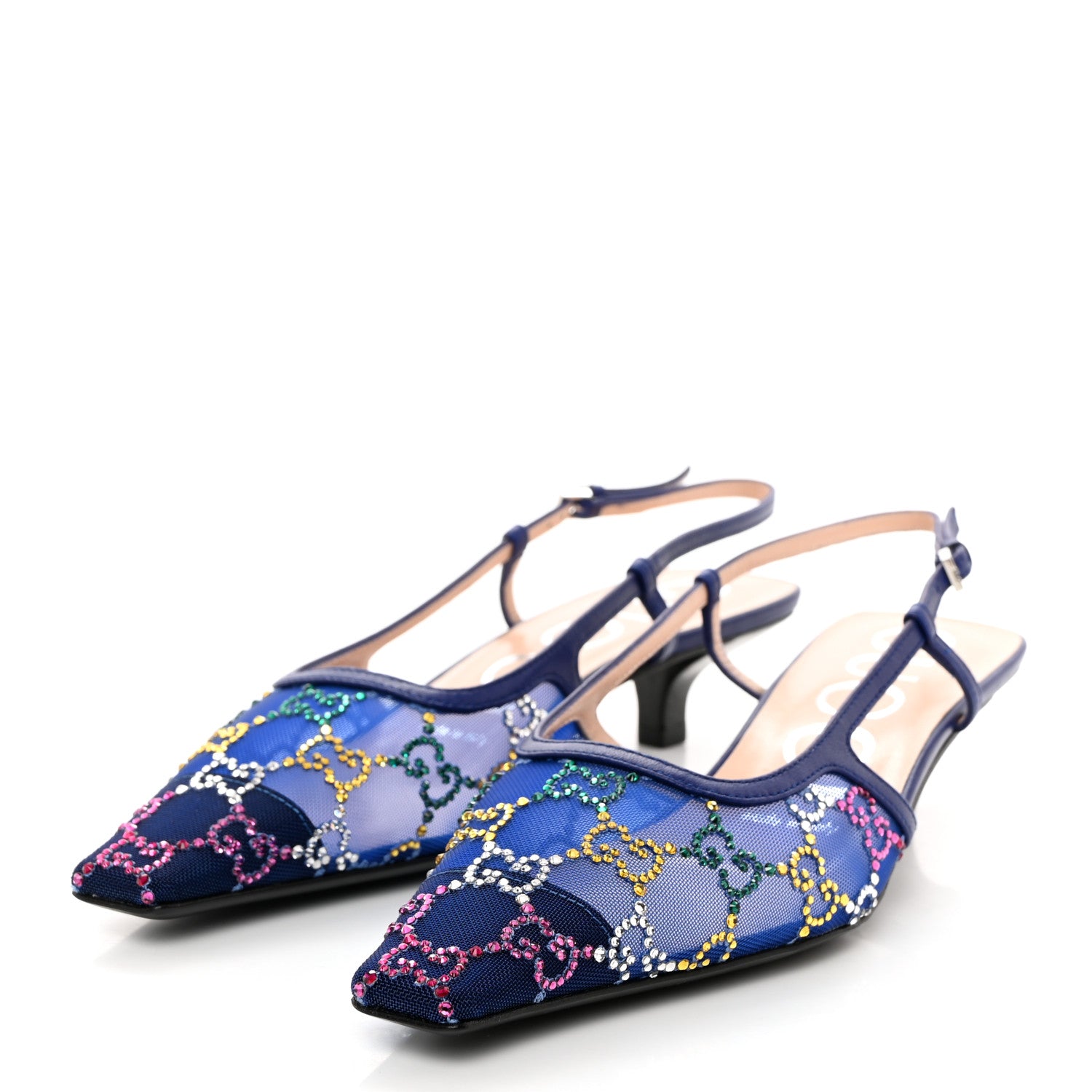 Gucci Tela Retino Nappa Charlotte Crystal GG Monogram Square G 35mm Slingback Pumps 37 Splash Net Blue Witch 3 of 8