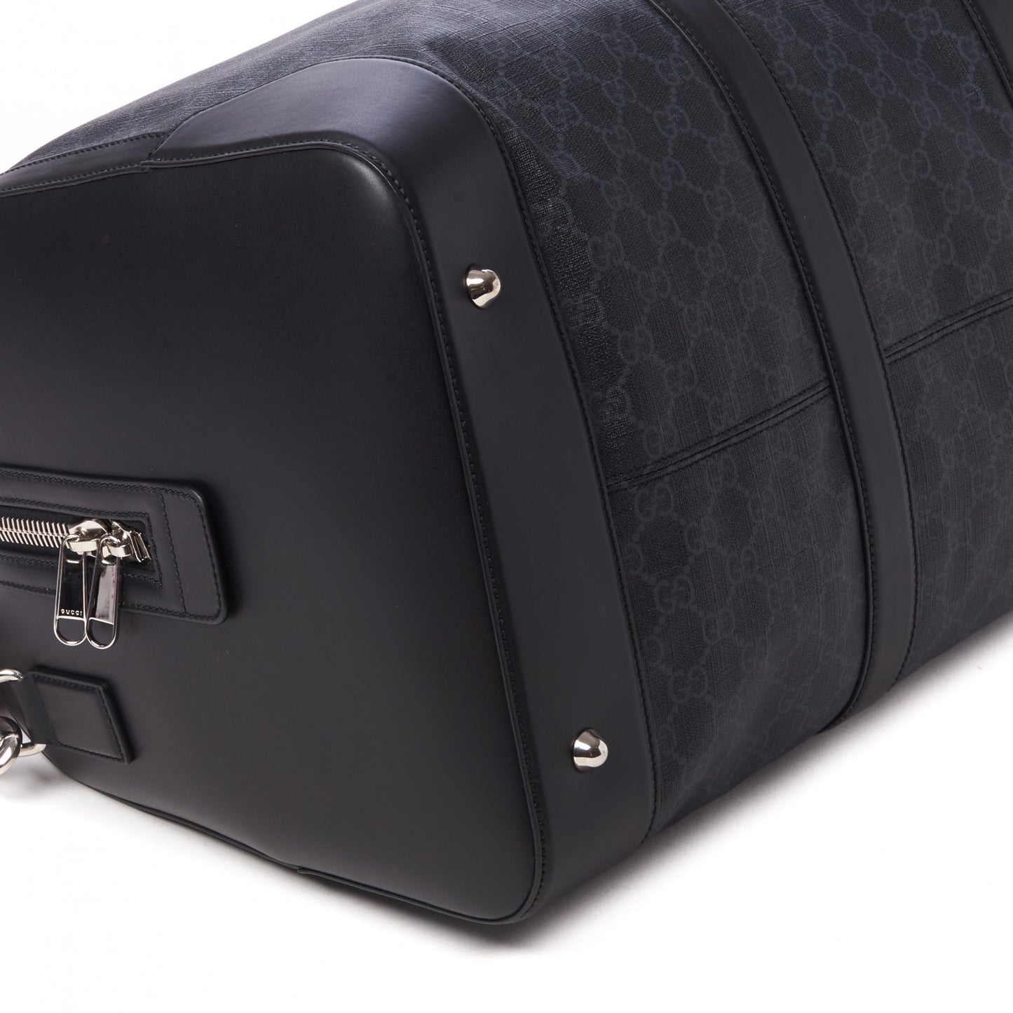 Soft GG Supreme Monogram Appia Calfskin Web Large Carry On Duffle Bag Black Grey
